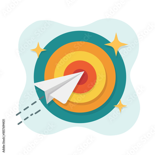 Flat design vector illustration of a paper plane achieving the target bullseye perfect for success empty state ui screen