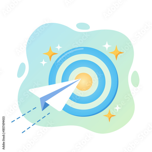 Paper Plane Hitting Target Bullseye Goal Achievement Success flat design vector concept illustration for empty state ui