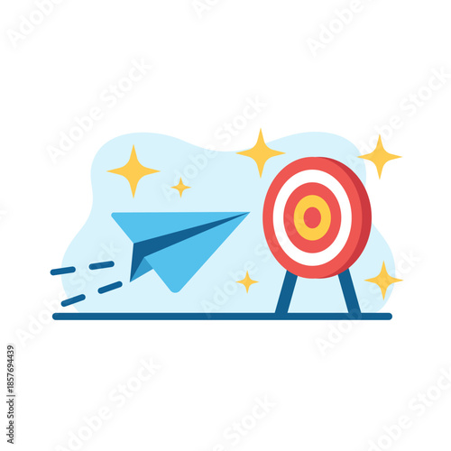 Paper airplane flying to bullseye target conceptualizing goal achievement success flat design vector empty state ui illustration