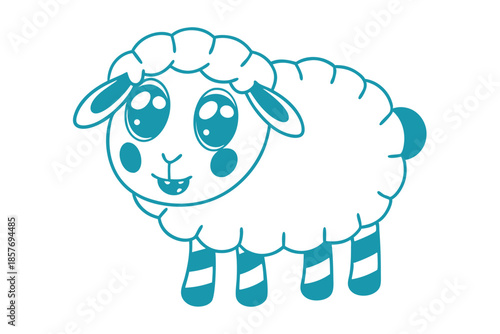 Cheerful cartoon sheep stands, with large eyes and striped legs outlined in turquoise