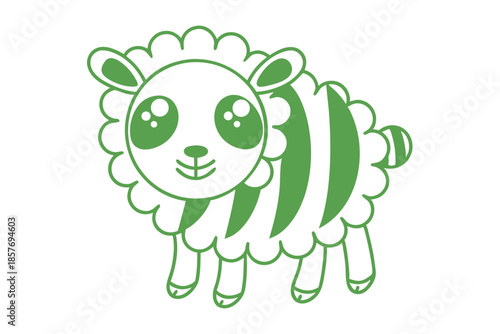 Cartoon sheep with big eyes, stripes, and curly fleece appears in green