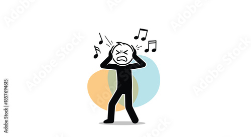 Stick figure covering ears in frustration due to loud music or noise, with musical notes floating around, symbolizing noise pollution.