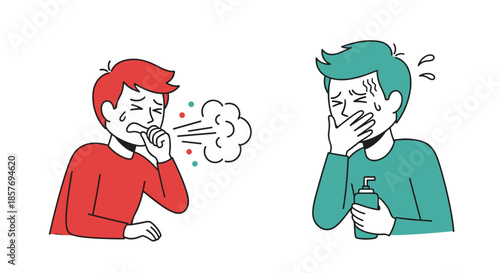 Man coughing and spreading germs while another man reacts in fear, illustrating the spread of virus, flu, or infectious disease.