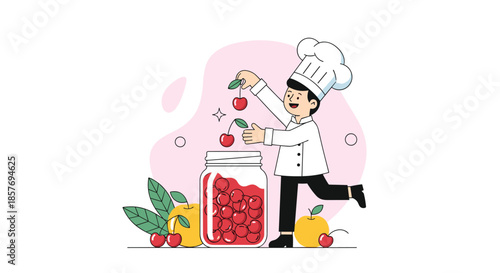 Cheerful young chef character putting fresh cherries into a large glass jar, preparing homemade jam or preserved fruit.