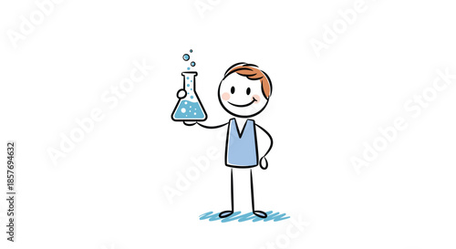 Smiling stick figure scientist or chemist in a lab coat holding up a bubbling beaker, representing science, research, or a new discovery.