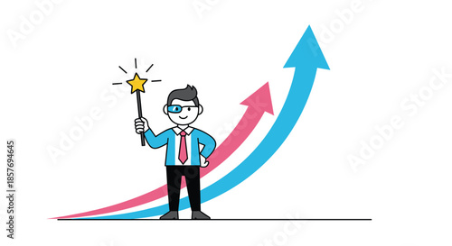 Cartoon businessman with a magic wand standing in front of rising arrows, symbolizing magical business growth or instant success.