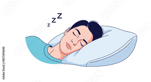 Young man sleeping peacefully on a comfortable white pillow, with 'Zzz' letters indicating deep sleep, rest, or dreaming.