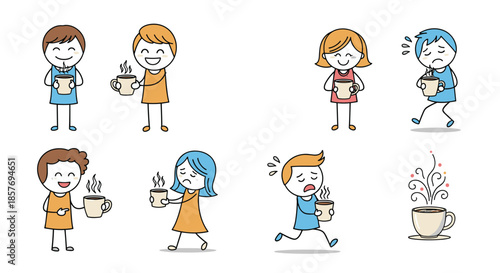 Set of diverse stick figure characters holding mugs, showing various emotions related to drinking coffee or tea, from happy to tired.