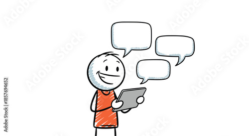 Smiling stick figure character using a tablet with multiple blank speech bubbles, representing communication, social media, and online chat.
