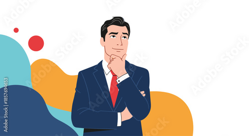 Thoughtful businessman in a suit with his hand on his chin, looking up and contemplating a new idea, strategy, or decision.