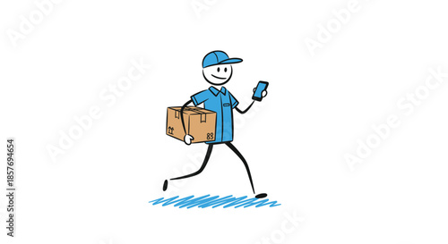 Stick figure delivery man in a uniform running with a package and checking his phone, representing fast and modern courier service.