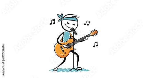 Happy stick figure musician with a headband singing and playing an acoustic guitar, performing with energy and passion.