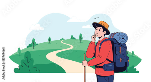 Thoughtful hiker with a large backpack and walking stick looking at a winding path, contemplating the journey or choosing a direction.