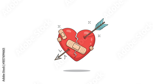 Broken red heart pierced by an arrow and patched up with bandages, symbolizing heartbreak, relationship problems, and emotional healing.