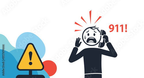 Panicked person making an emergency call to 911, with a warning sign, illustrating a concept of danger, crisis, or accident.