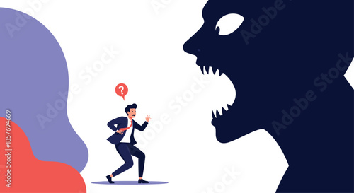 Businessman running away in fear from a giant monstrous shadow, representing anxiety, inner demons, phobias, or business challenges.