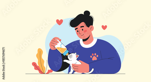 Caring young man feeding a small white kitten with a milk bottle, illustrating pet care, volunteering, and animal rescue.