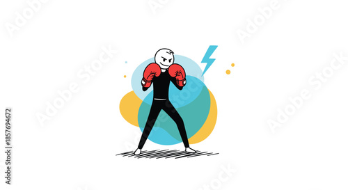 Determined stick figure boxer in a fighting stance with red gloves, ready for a match, symbolizing strength, challenge, and competition.
