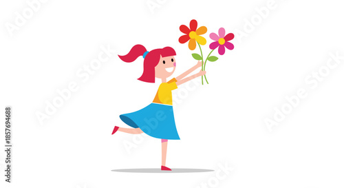 Happy and cheerful little girl with red hair running and holding a bouquet of colorful flowers as a gift or for celebration.