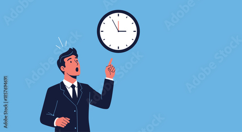 Shocked businessman in a suit pointing at a large wall clock, illustrating the pressure of deadlines, time management, and urgency.