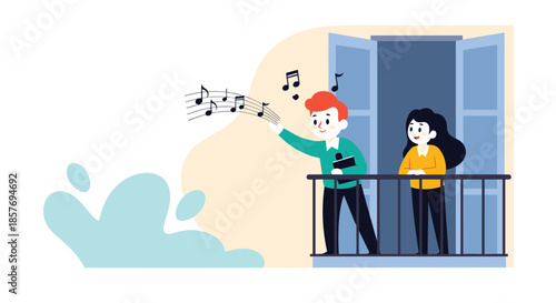 Man singing or playing music from a balcony for a woman, with musical notes flowing out, illustrating a romantic serenade.