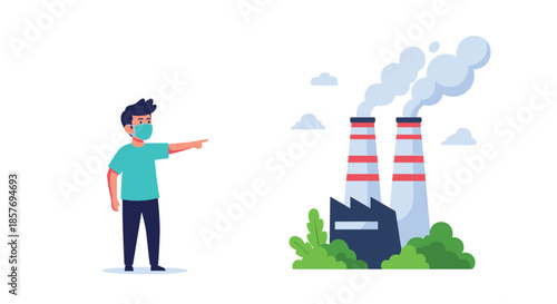 Man wearing a protective face mask pointing at a factory with smoking chimneys, illustrating the concept of air pollution and environmental harm.