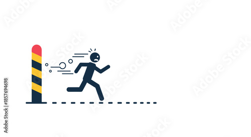 Scared stick figure running away from a boundary or finish line, illustrating concepts of escape, fear of commitment, or avoiding a goal.