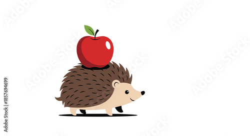 Cute cartoon hedgehog walking with a large, fresh red apple on its back, a charming illustration of an adorable forest animal.