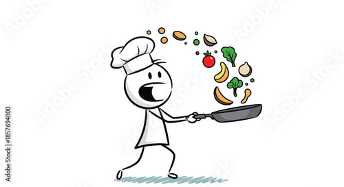 Energetic stick figure chef tossing a mix of fresh vegetables and fruits in a frying pan with great enthusiasm and skill.