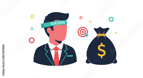 Faceless businessman with 'success' on a headband, next to a money bag and a target, representing financial goals and achievement.