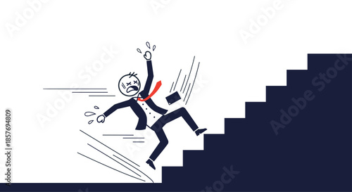 Stick figure businessman in a suit slipping and falling down a flight of stairs, symbolizing failure, accident, or career decline.