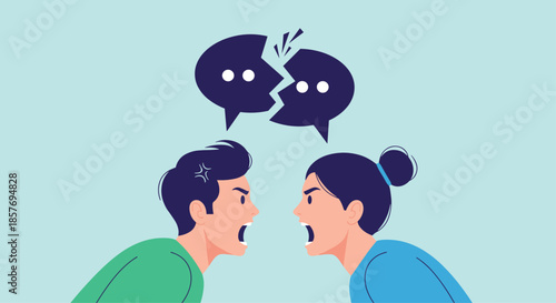 Angry man and woman shouting at each other with a broken speech bubble above them, illustrating conflict, argument, and miscommunication.