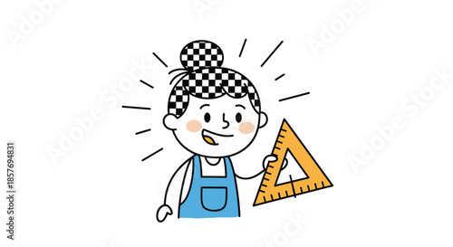 Smart and creative girl with a checkered bun hairstyle holding a triangle ruler, representing math, geometry, or a brilliant idea.