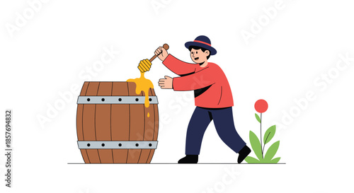 Man in a hat happily dipping a honey dipper into a large wooden barrel full of honey, representing beekeeping or sweet food production.