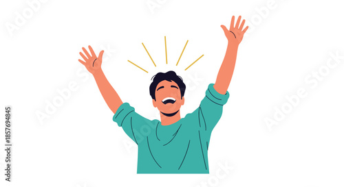 Overjoyed young man celebrating a major success with his arms raised up in excitement, expressing pure happiness, victory, and positive emotions.