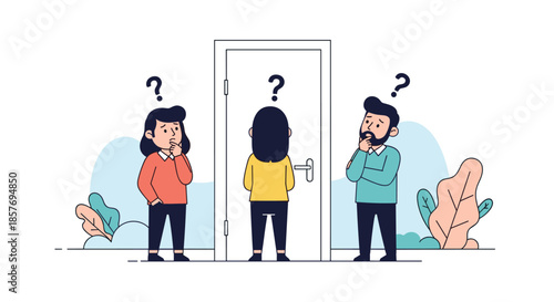 Group of puzzled people standing before a closed door with question marks, illustrating a shared problem, teamwork challenge, or a difficult choice.