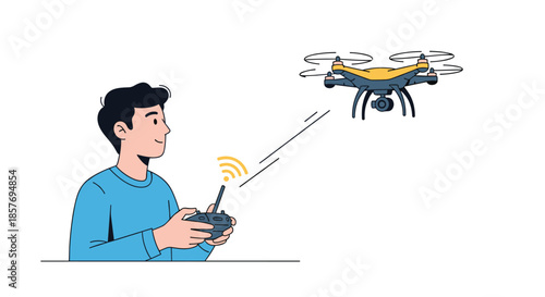 Young man operating a quadcopter drone with a remote control, illustrating a modern hobby, aerial photography, and new technology.