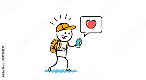 Happy stick figure traveler with a backpack receiving a 'like' notification with a heart icon on a smartphone, representing social media engagement.