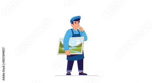 Thoughtful male artist in an apron and cap holding a finished landscape painting, contemplating his creative work with a pensive expression.