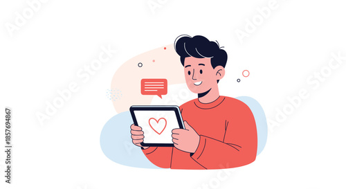 Happy young man using a digital tablet for online dating, with a heart and message icon, symbolizing modern romance and communication.
