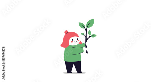 Cute cartoon character with pink hair and a red hat happily hugging a small green plant, symbolizing love for nature and environmental care.