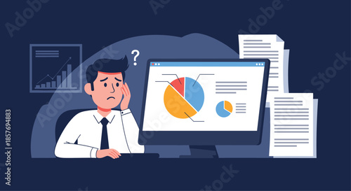 Stressed businessman looking at complex charts and graphs on a computer screen, overwhelmed by data analysis and paperwork.