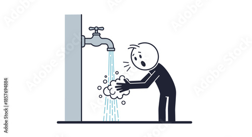Stick figure character washing hands with soap and water from a tap, illustrating hygiene practices to prevent germs and viruses.