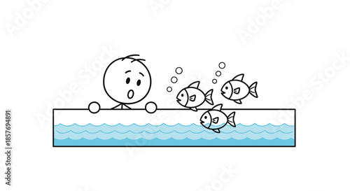 Surprised stick figure looking into an aquarium or fish tank with several fish swimming inside, representing discovery or a new pet.