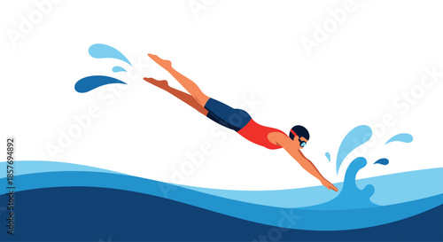 Male swimmer in a cap and goggles diving into the water with a splash, representing competitive swimming, sports, and athletic activity.