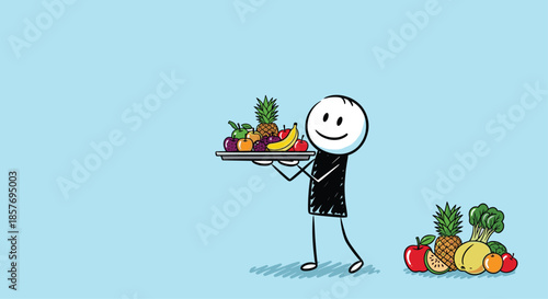 Happy stick figure character holding a large tray of fresh fruits, promoting a healthy diet and nutritious eating habits, with copy space.