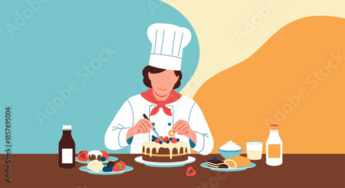 Female pastry chef in uniform decorating a chocolate cake with berries and cream, surrounded by baking ingredients and desserts.