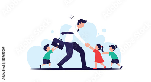 Stressed businessman trying to walk to work while his three children are pulling him back, illustrating work-life balance challenges.