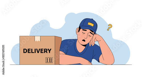 Tired and sleepy delivery man resting his head on a table next to a cardboard box, illustrating overwork and exhaustion in the shipping industry.