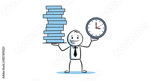 Efficient stick figure businessman balancing a large stack of documents and a clock, symbolizing time management and productivity.